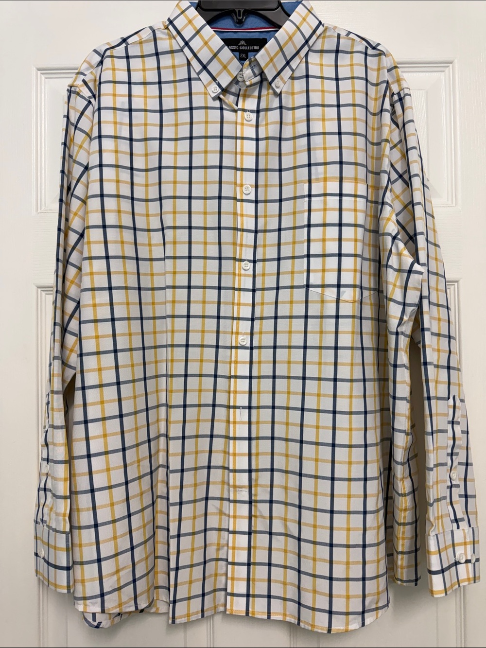 Men’s White Plaid Button-Down Shirt with Yellow & Navy 2XL
